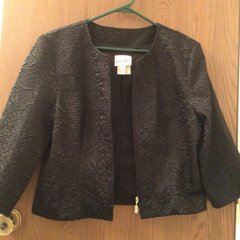 Joseph Ribkoff black evening jacket lined, 3/4 sleeves, front zipper, sz 14